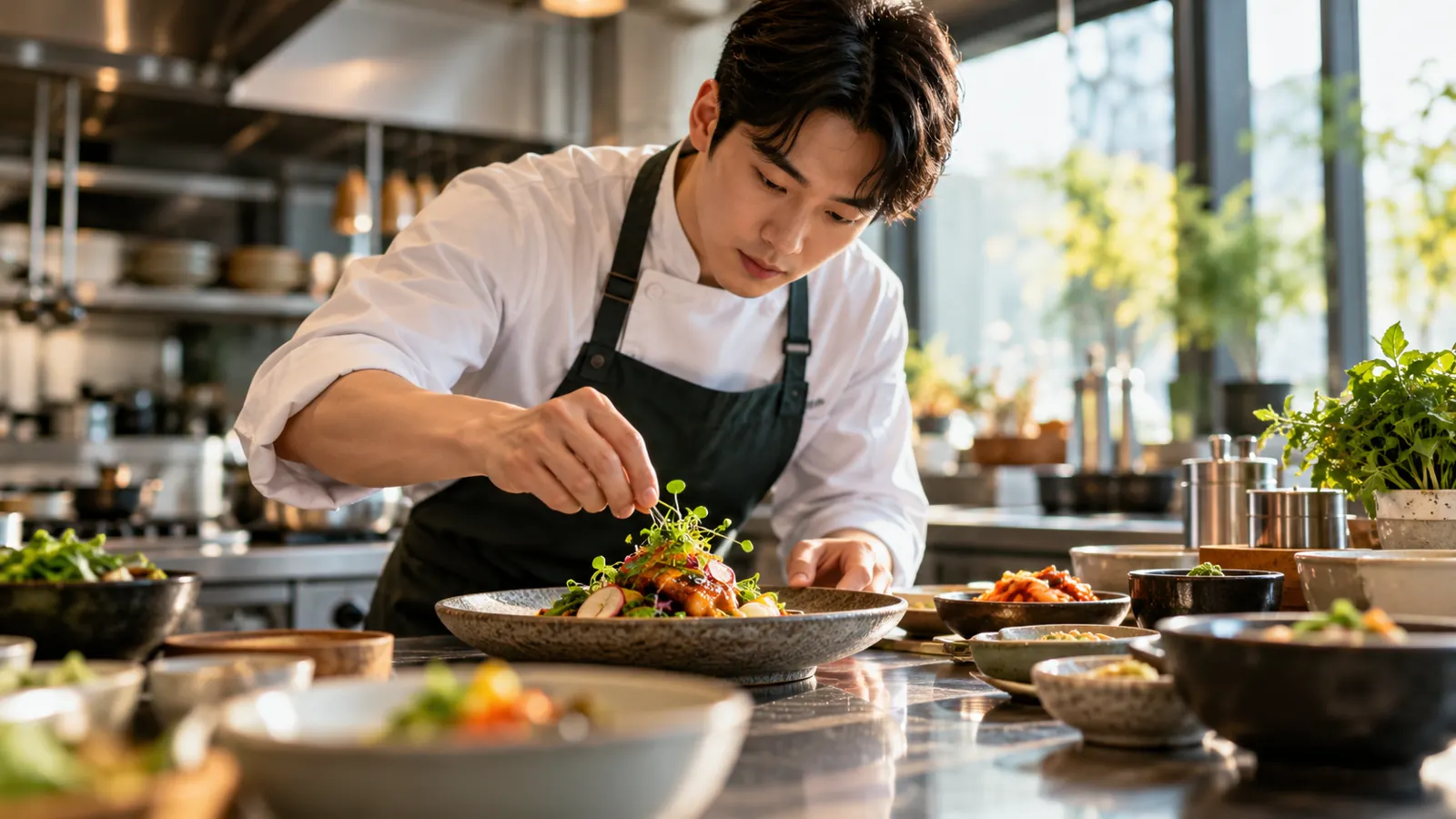 한국의 현대적인 주방에서 음식을 정성스럽게 완성하는 셰프